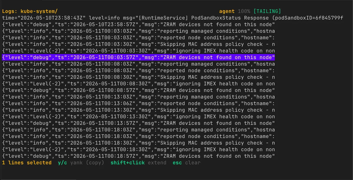 k10s 的日志视图截图，左侧是大量 JSON 格式的日志行（包含 controllers 的 reconciler 输出），底部是状态栏显示 wrap、time、line numbers 等控制项
