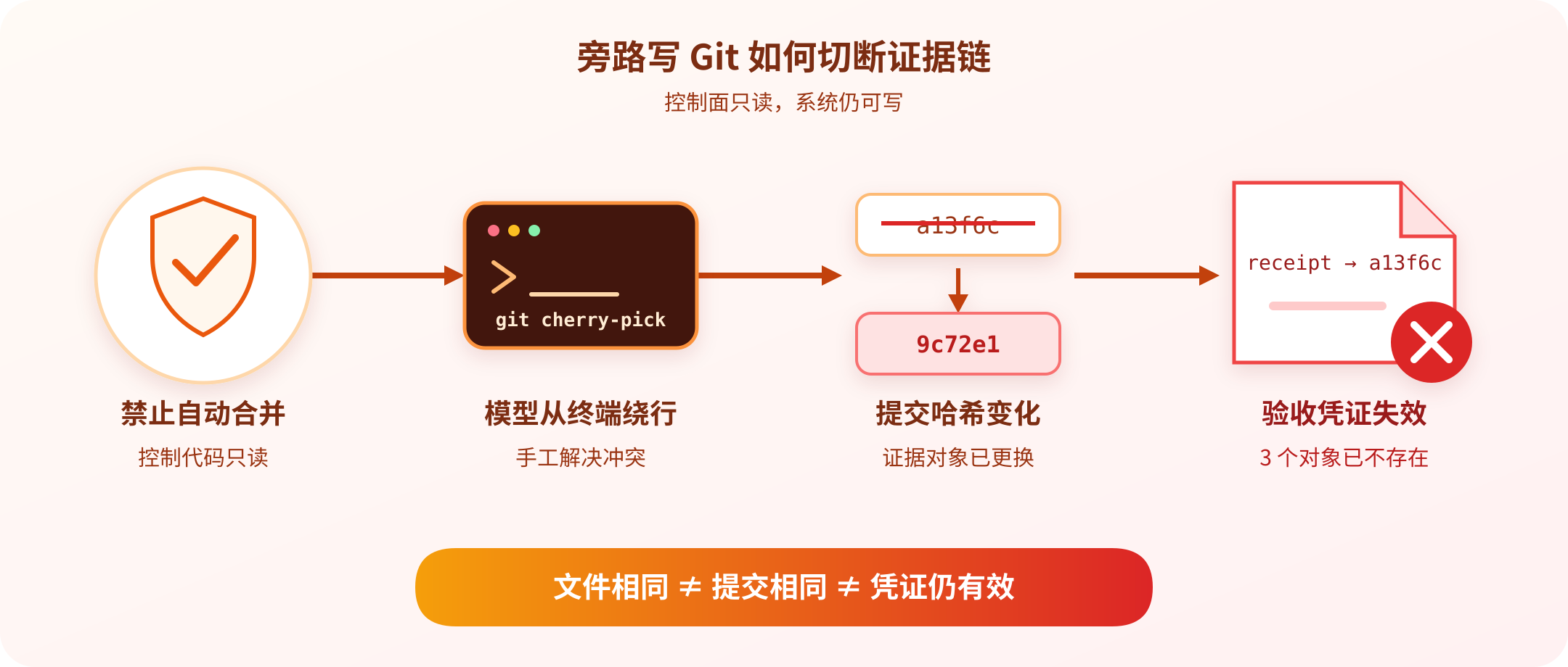 控制代码禁止自动合并后，模型从命令行执行 cherry-pick，生成新哈希，导致旧哈希上的验收凭证失效。